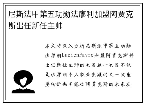 尼斯法甲第五功勋法廖利加盟阿贾克斯出任新任主帅